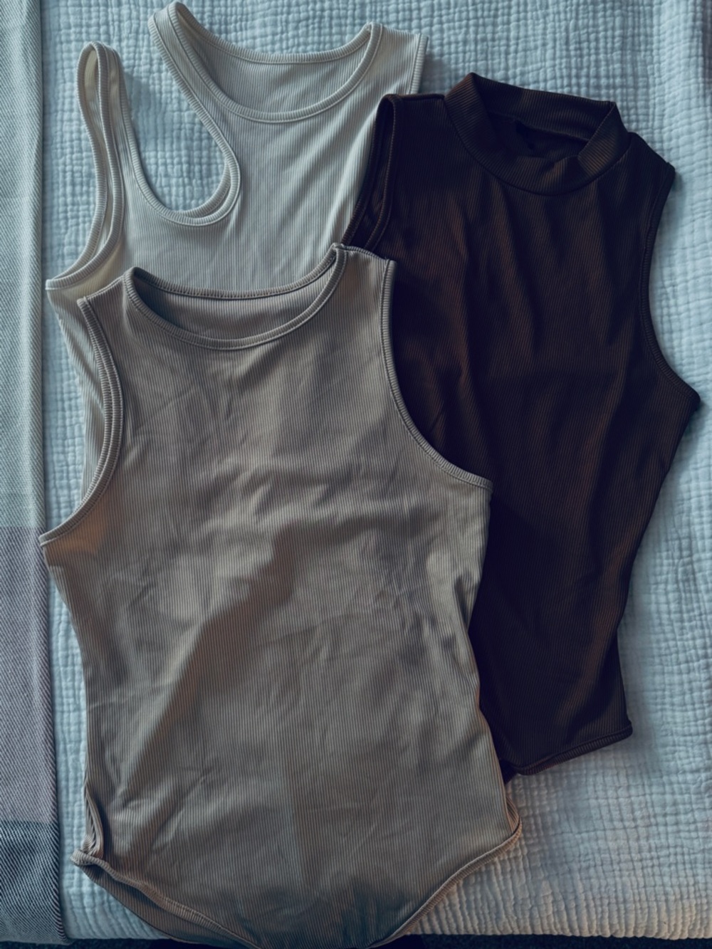Ribbed Sleeveless Bodysuit - Taupe, Brown and Cream